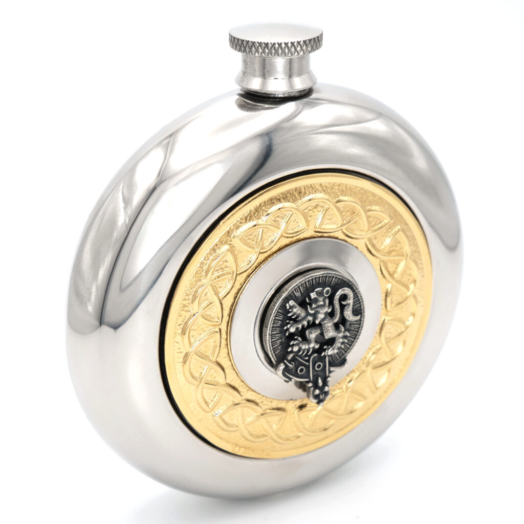 Gold Celtic clan crest sporran flask with hidden cup
