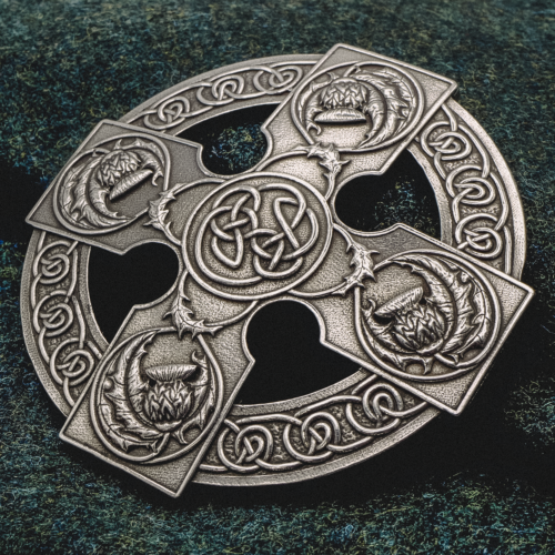 Celtic thistle cross brooch in polished pewter