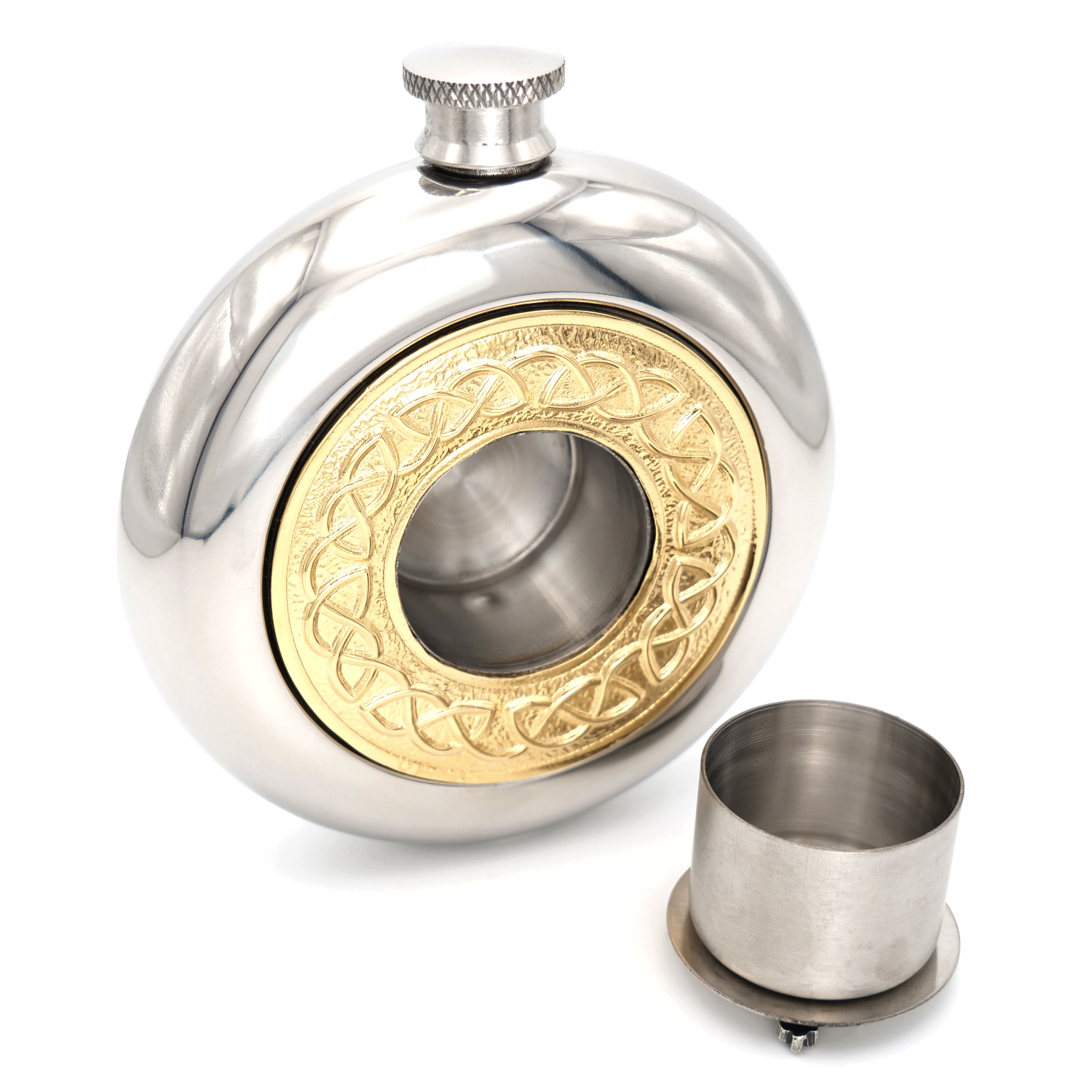 Gold Celtic clan crest sporran flask with removable hidden cup