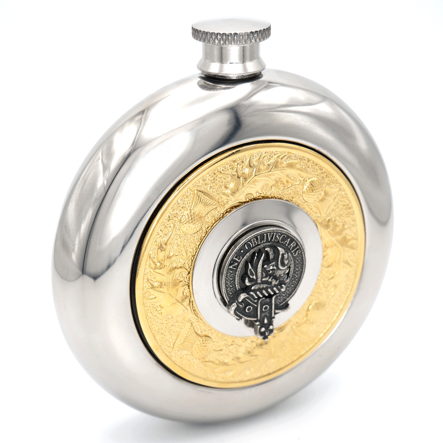 Gold Scottish thistle clan crest sporran flask