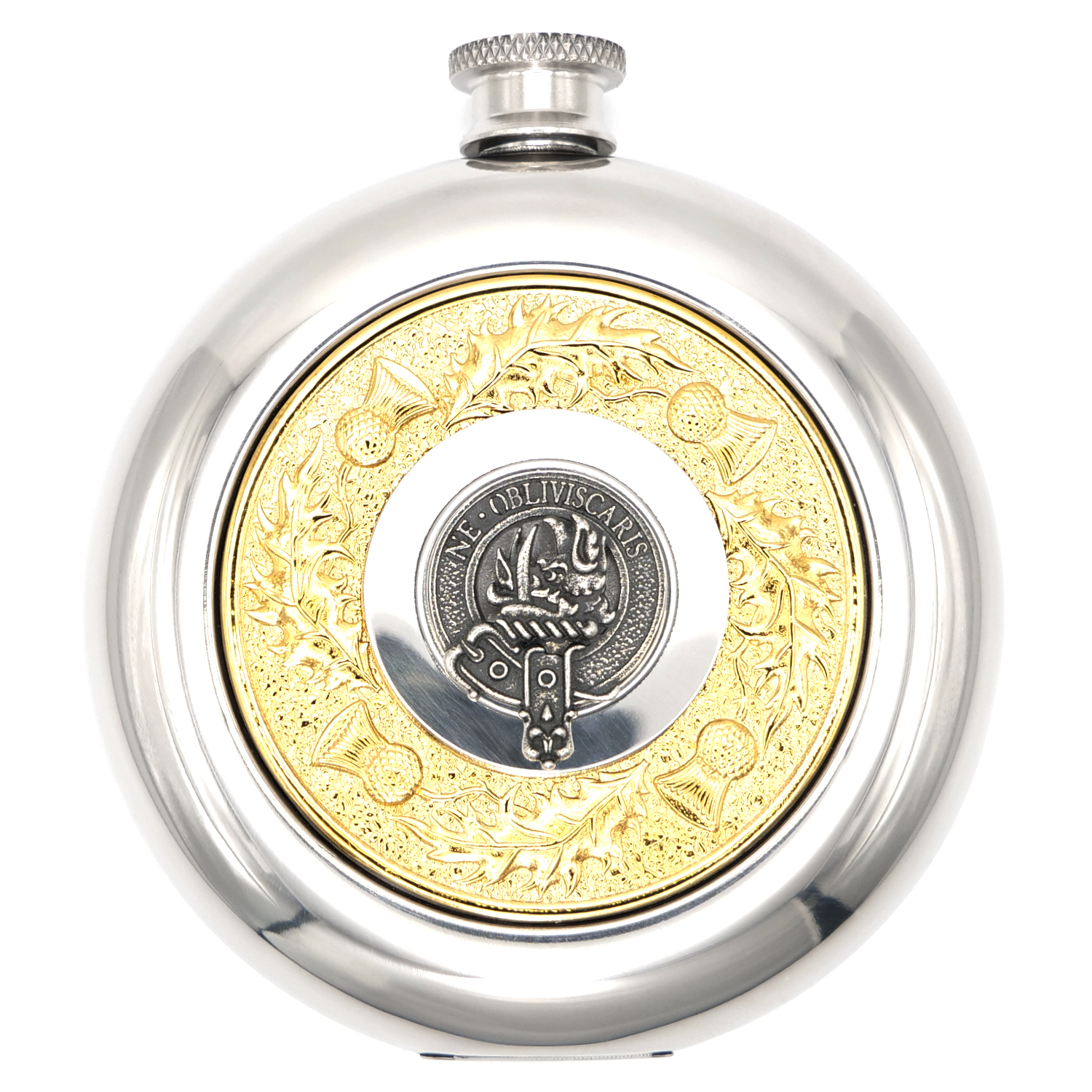 Gold Scottish thistle clan crest sporran flask with hidden cup