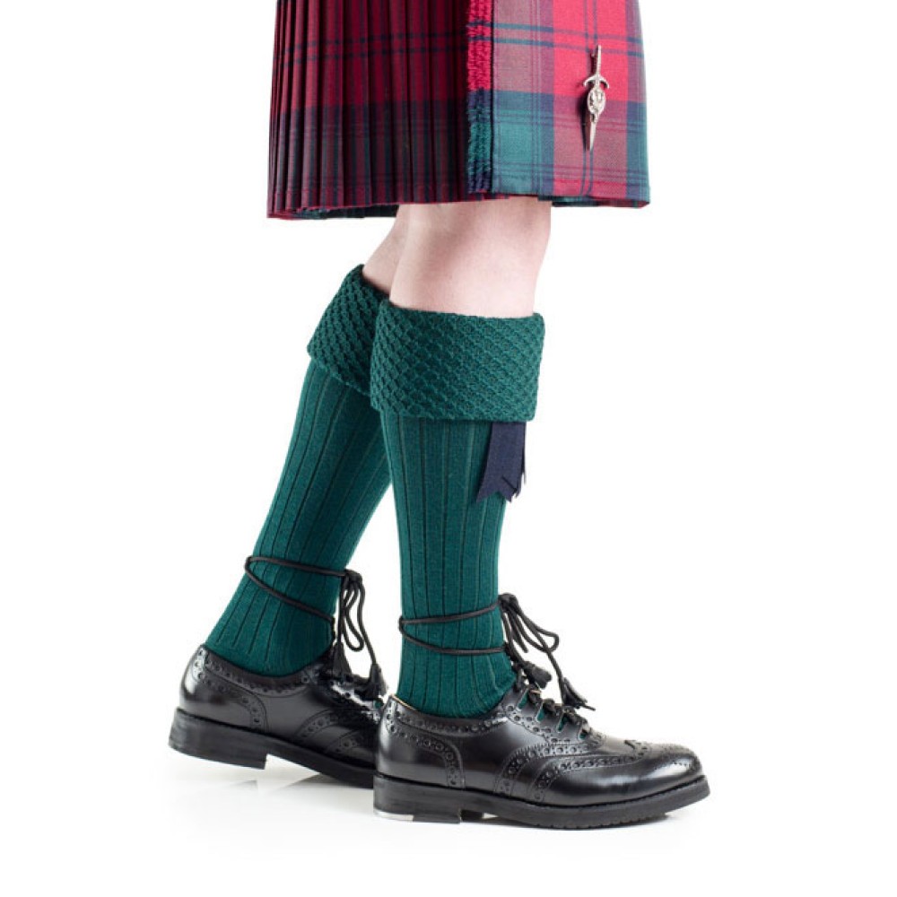 Bottle green piper kilt hose, front view