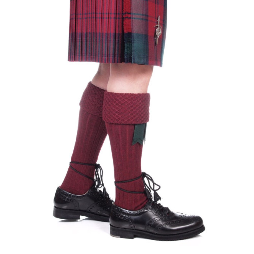 Burgundy piper kilt hose, front view