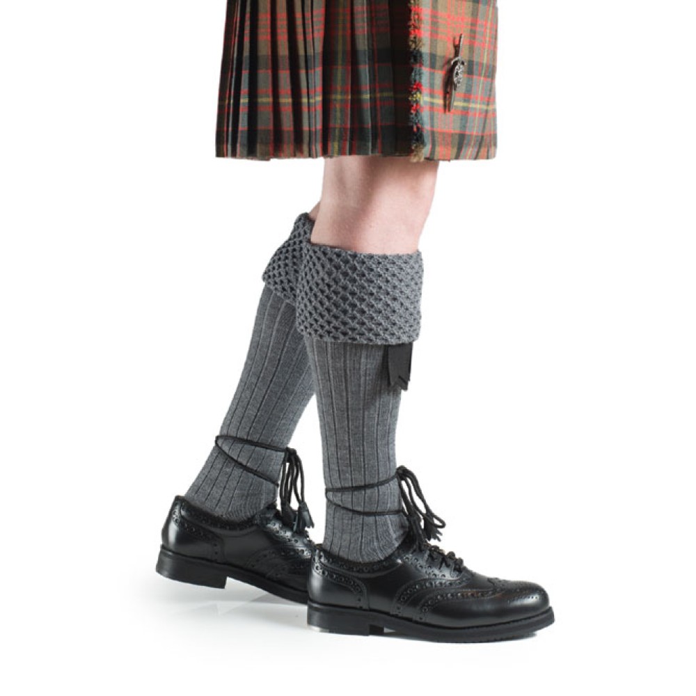 Grey piper kilt hose, front view