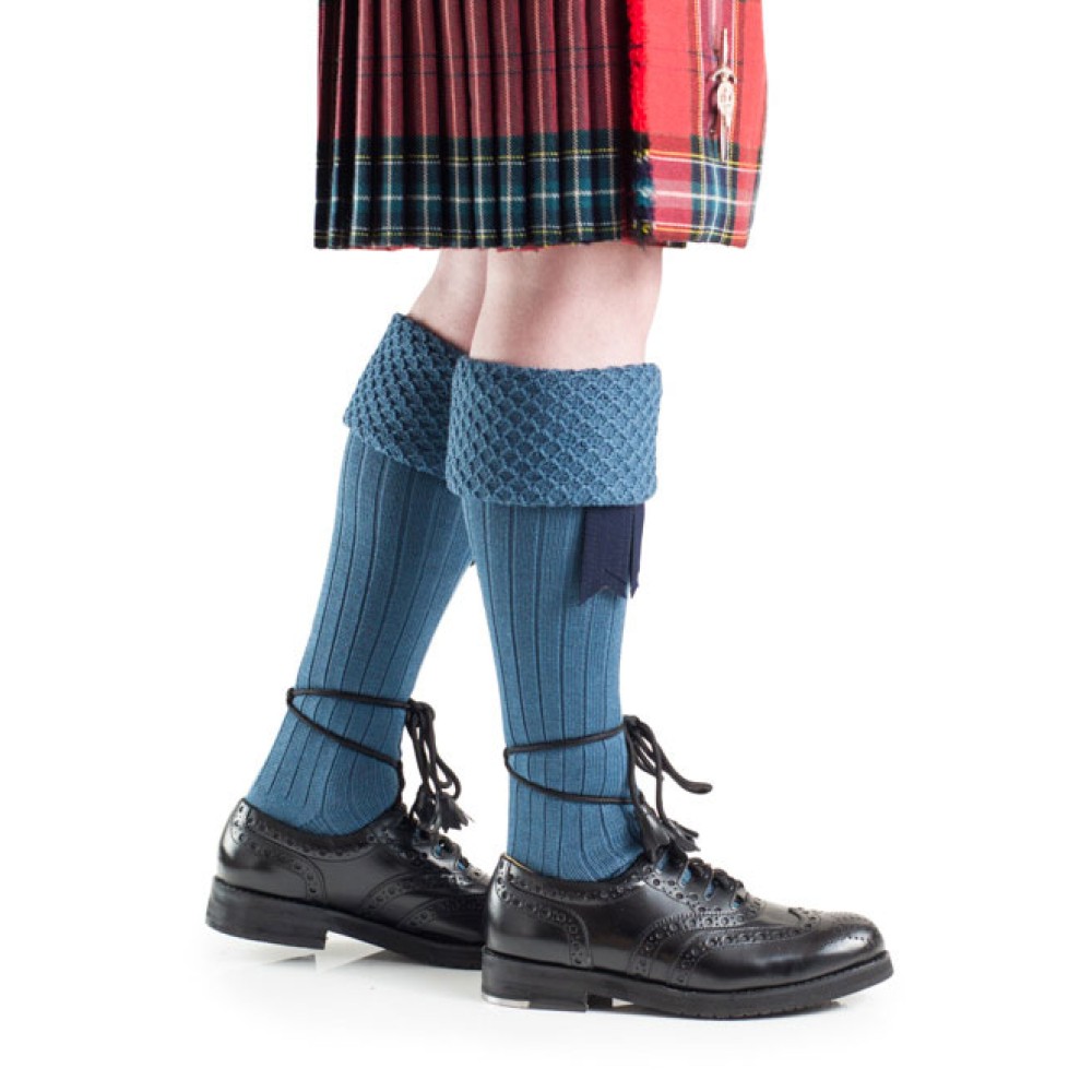 Highland blue piper kilt hose, front view