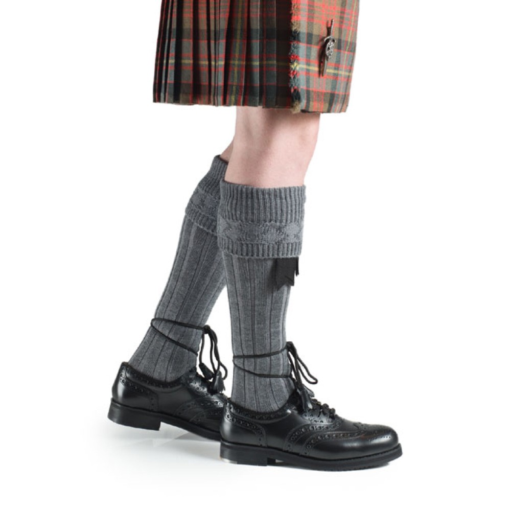 Grey traditional kilt hose, front view