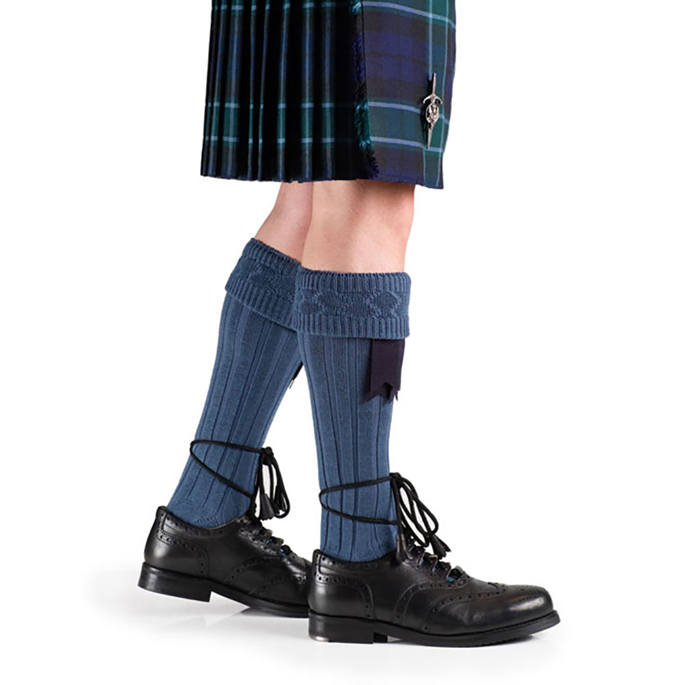 Highland blue traditional kilt hose, side view