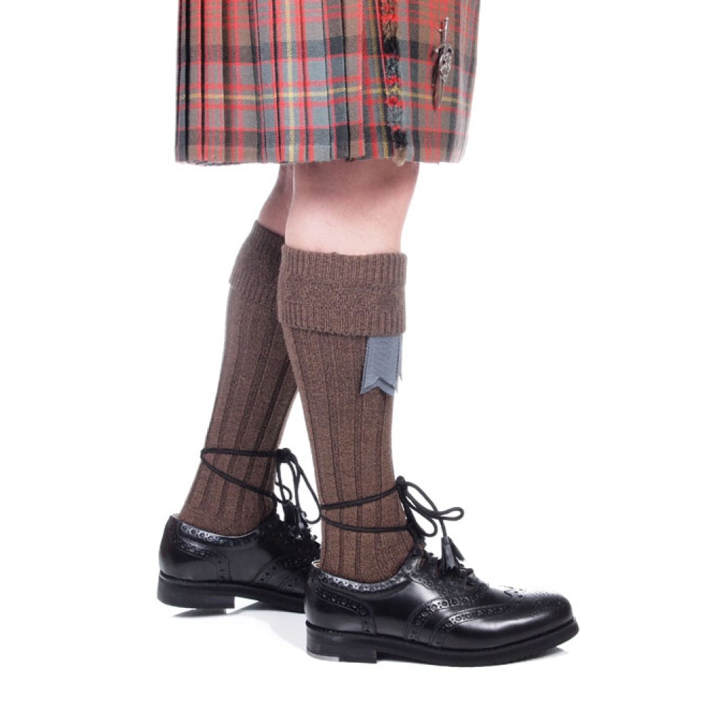 Weathered brown traditional kilt hose, front view