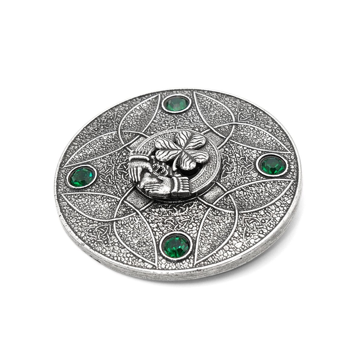 Small Irish clan and sept crest plaid brooch detail