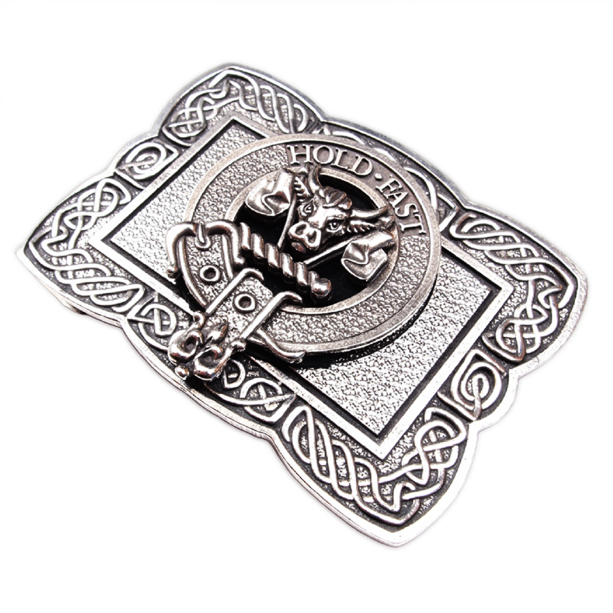 Scottish clan crest Celtic knot belt buckle side view