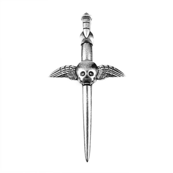 Kirkyard winged skull kilt pin, square product view