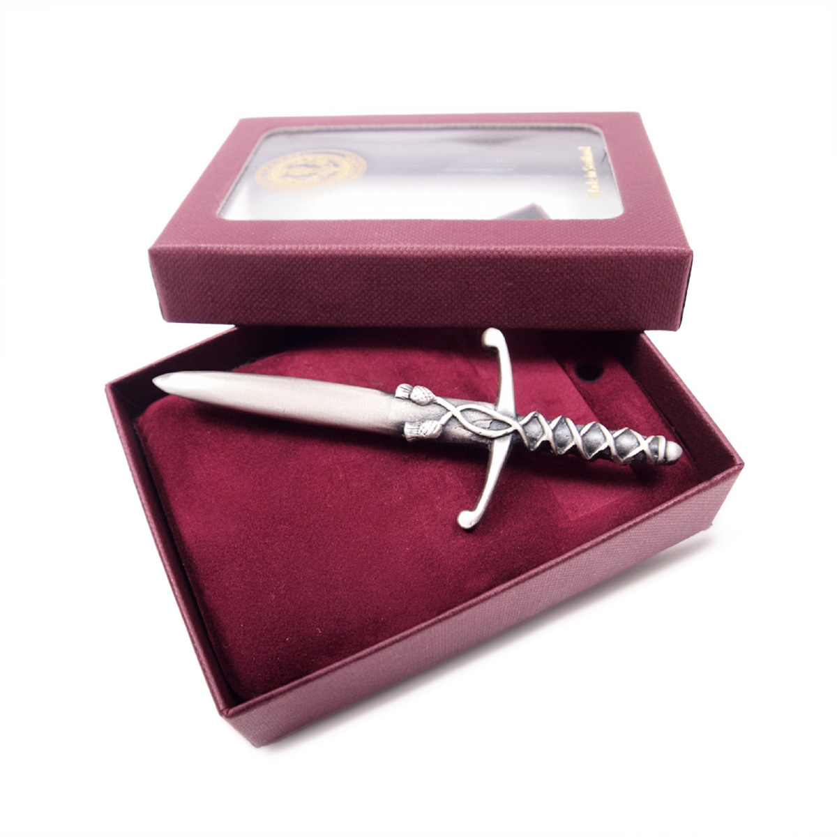 Laced short sword kilt pin, square product view