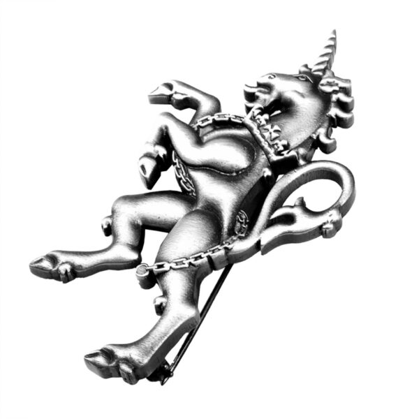 Scottish unicorn kilt pin with antique finish, square view