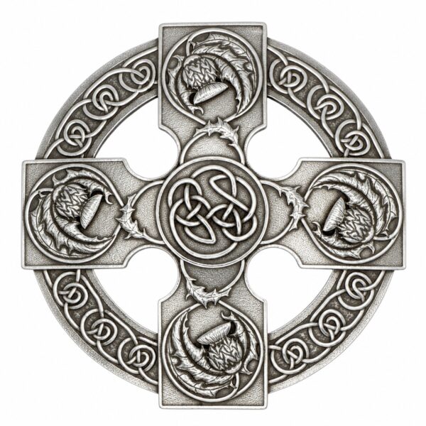 Thistle Celtic cross plaid brooch, front view