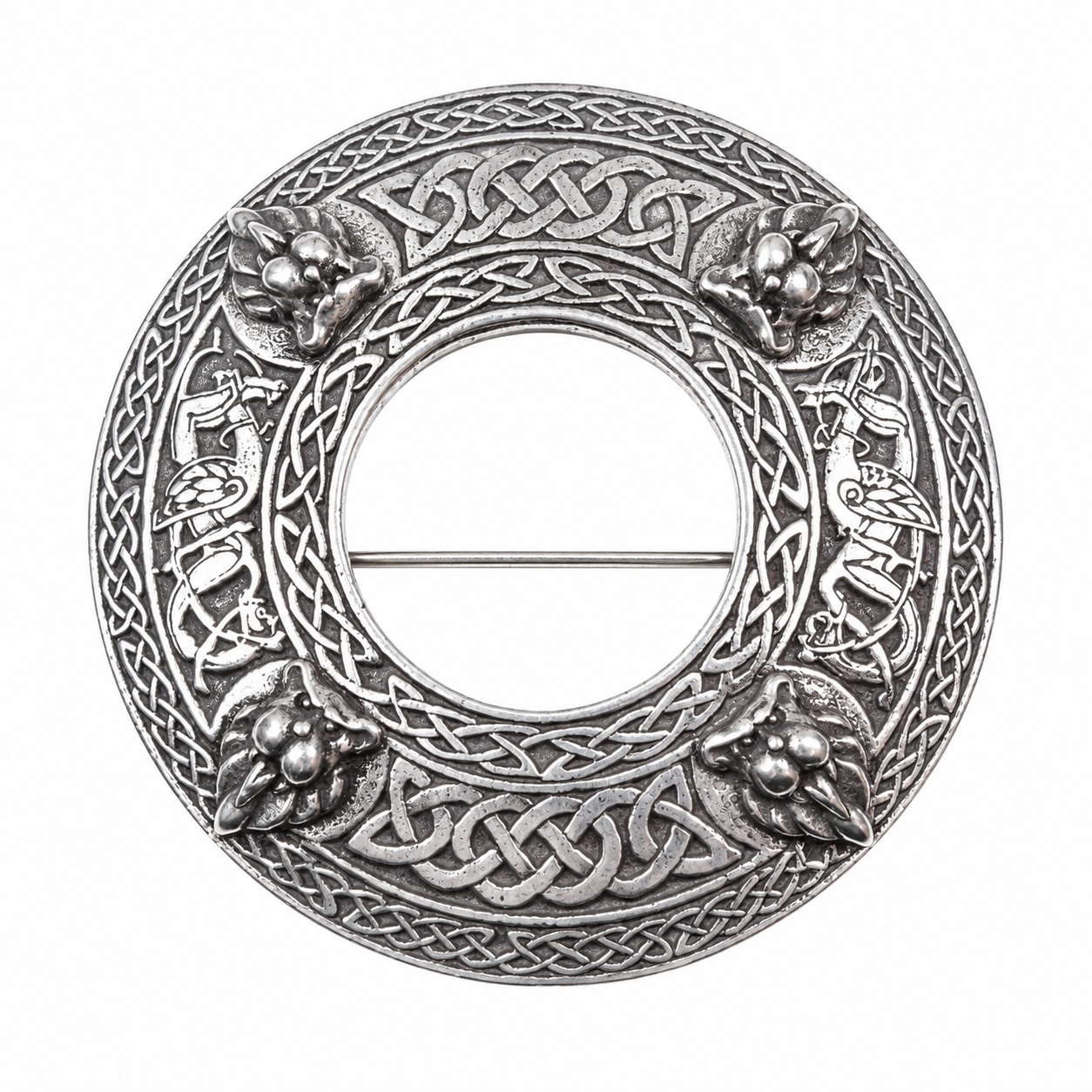 Lion head plaid brooch with polished pewter finish