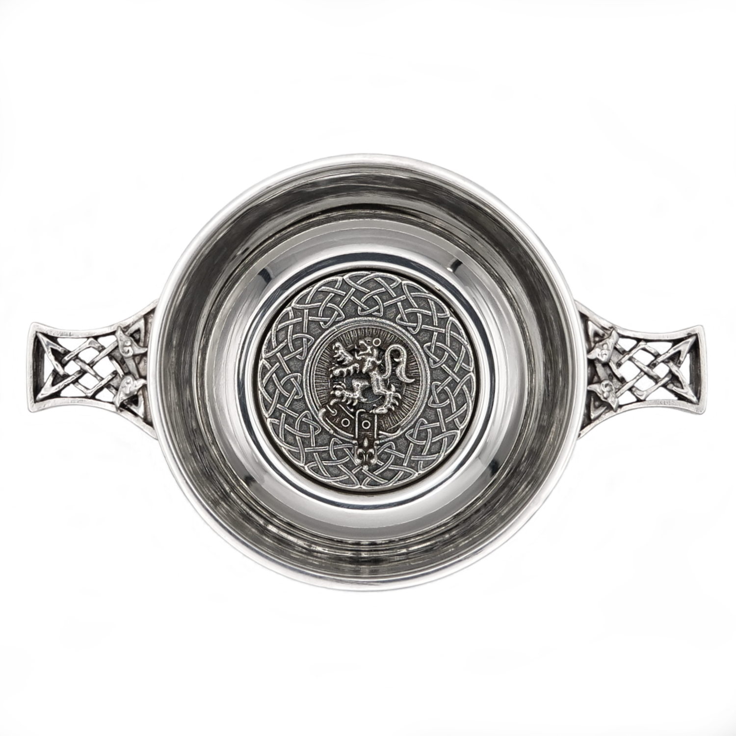 Three-inch clan crest quaich with pewter surround, example Lion crest