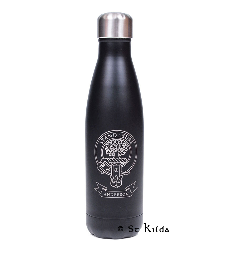 Clan crest water thermos shown with the Anderson crest