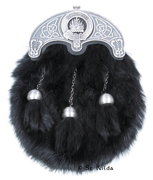 Clan crest dress sporran with black fur front, antique-silver metalwork and Mackenzie crest