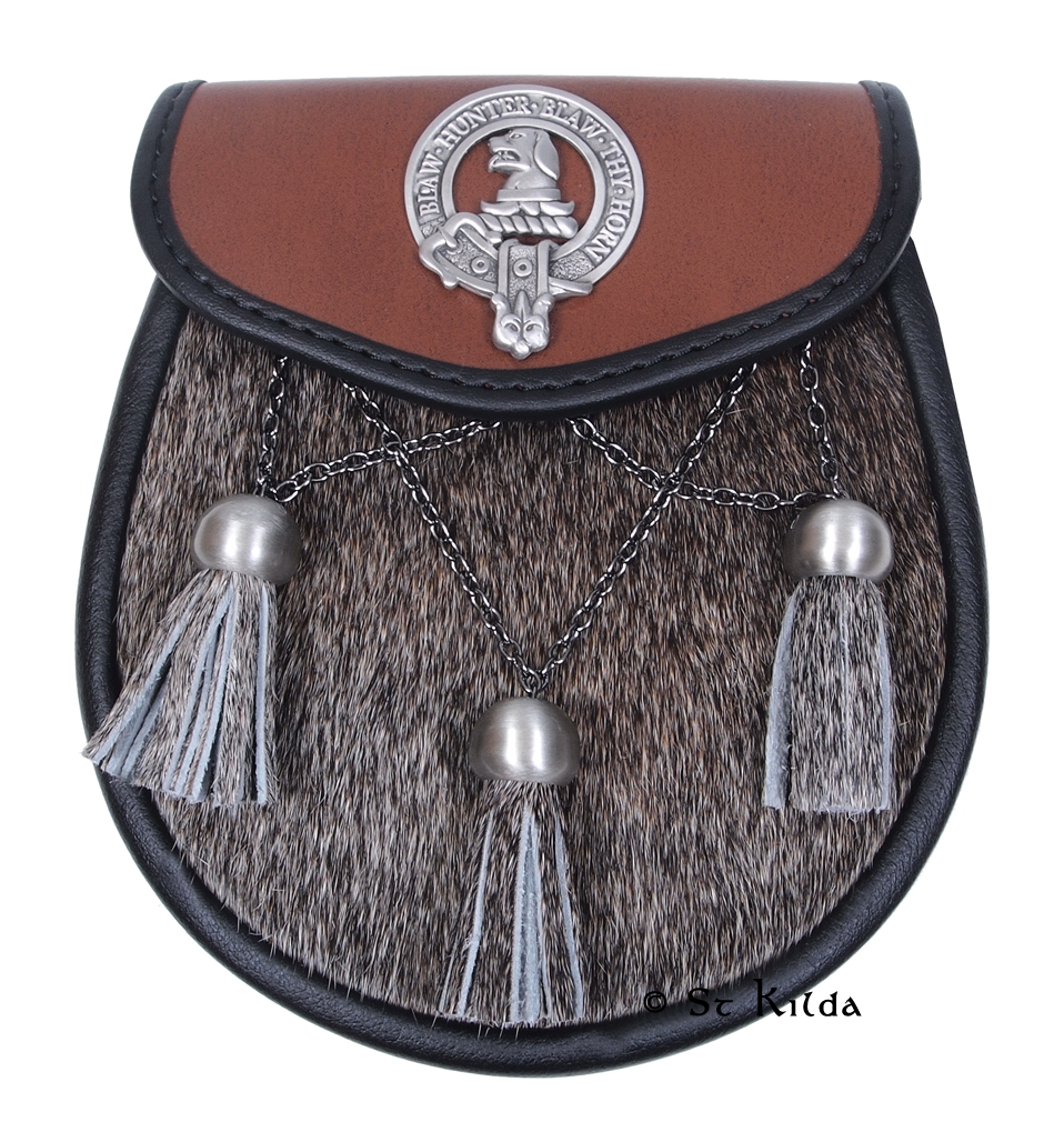 Clan crest semi-dress sporran in brown leather and natural bovine with antique-silver crossed chains