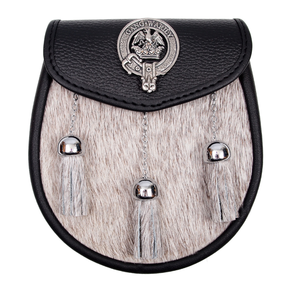 Clan crest semi-dress sporran with bovine front, standard chains and chrome metalwork