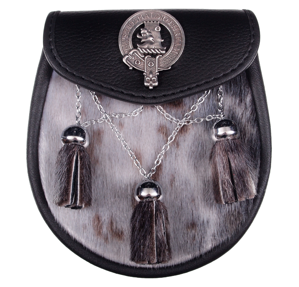 Clan crest semi-dress sporran with dark front and chrome metalwork
