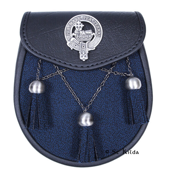 Clan crest semi-dress sporran with navy Arrochar front and antique-silver crossed chains Clan crest semi-dress sporran with navy Arrochar front and antique-silver crossed chains