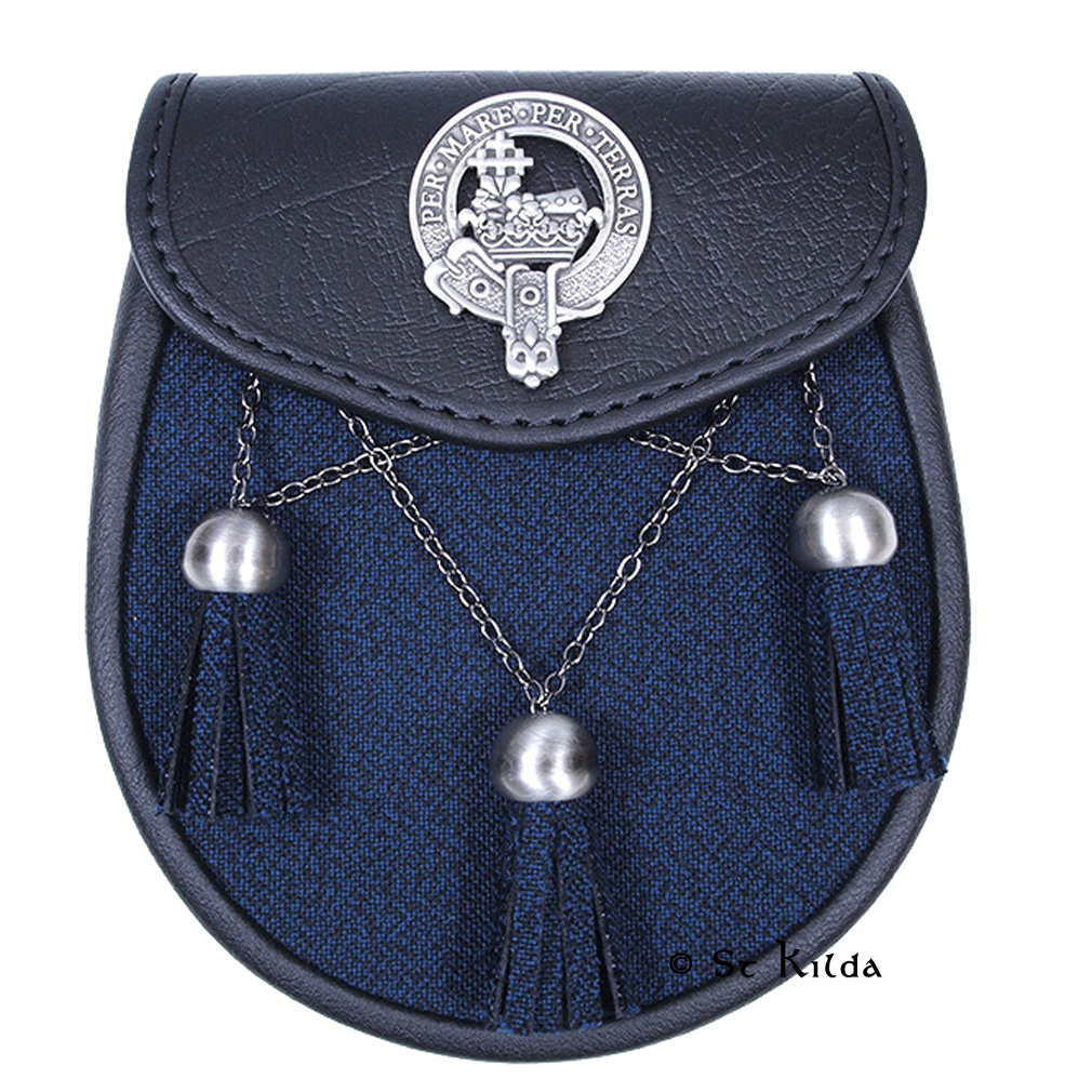 Clan crest semi-dress sporran with navy Arrochar front and antique-silver crossed chains