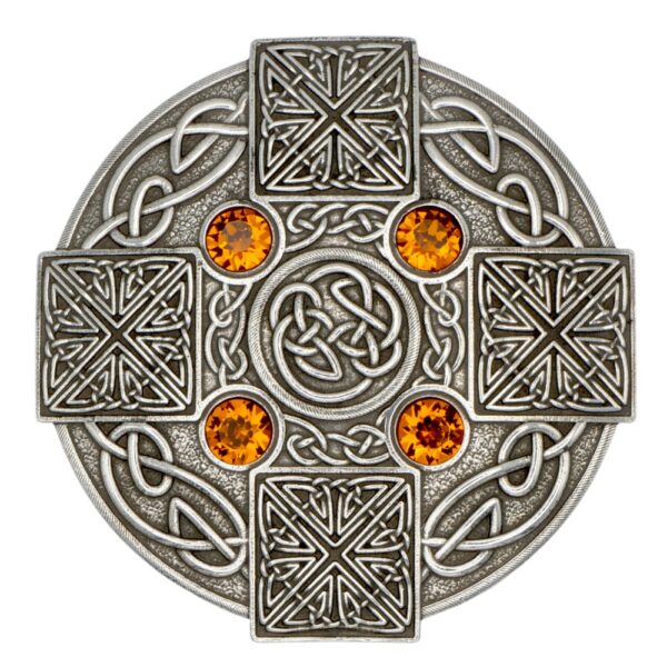Gemstone Celtic Cross plaid brooch with topaz stones