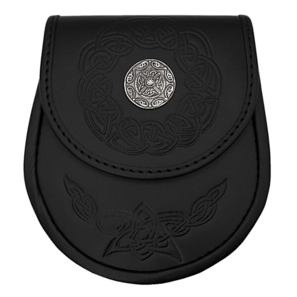 Brown leather round flap day sporran with Celtic ring, product code L-SDY24