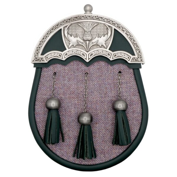 Scotia Thistle dress sporran in purple tweed and dark green leather, product code L-SGT11