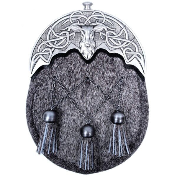 Stag dress sporran with natural bovine front and antique-finish cantle, product code L-SGT23