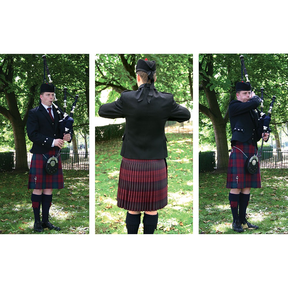 Piper FLEX Jacket shown while playing bagpipes, from front, rear and side