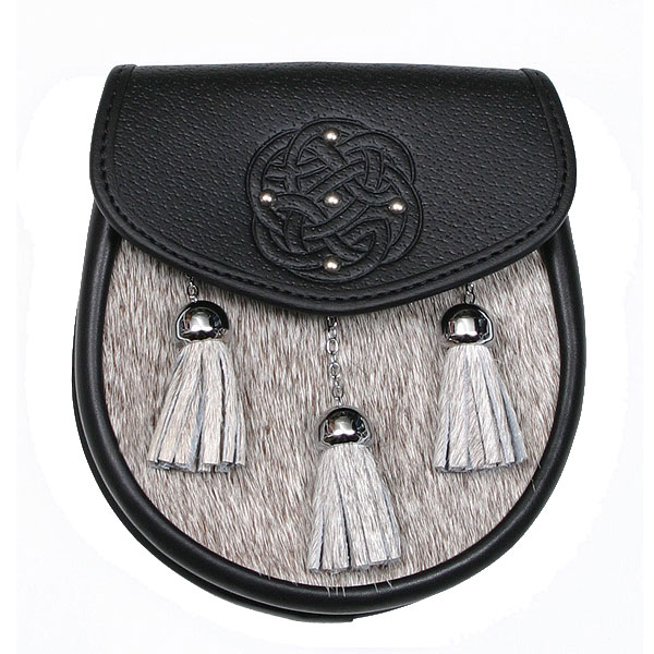Round Celtic Knot semi-dress sporran with natural bovine front and chrome metalwork