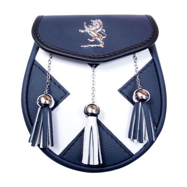 Black-and-white Saltire day sporran with Lion Rampant badge and three tassels