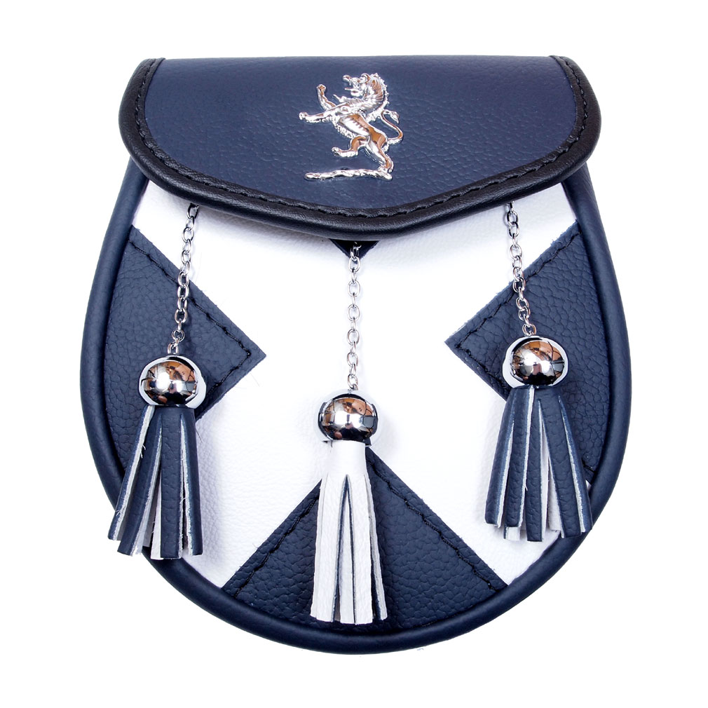 Black-and-white Saltire day sporran with Lion Rampant badge and three tassels