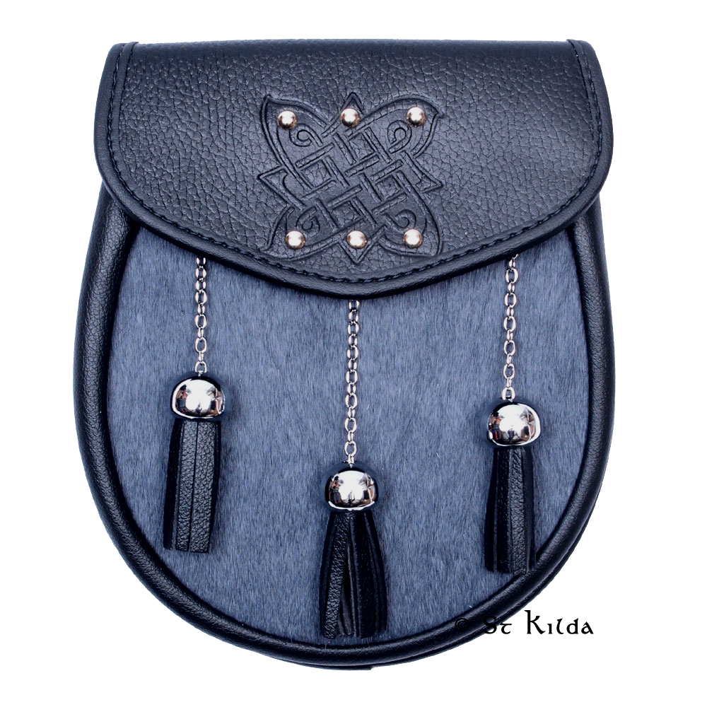 Studded Celtic Knot semi-dress sporran with grey bovine front and chrome metalwork