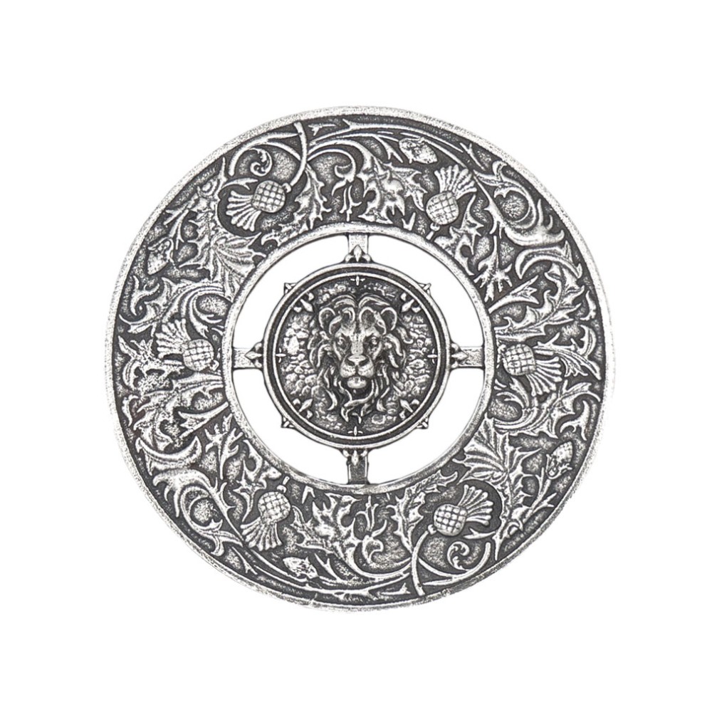 Treasure Lion plaid brooch in lead-free pewter, front view