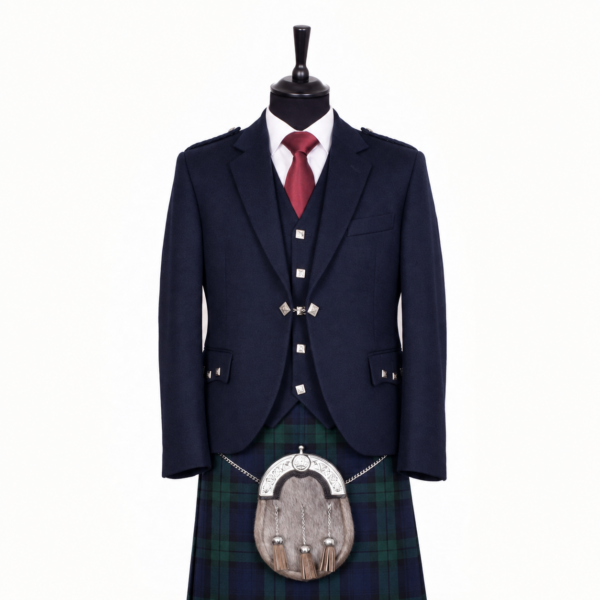 Piper FLEX Jacket in navy blue with navy and green tartan kilt